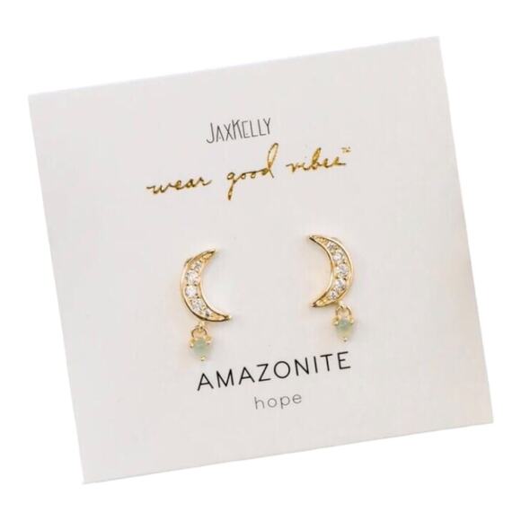 JAXKELLY NIP Amazonite Stone White CZ Moon Drop Sterling Silver Posts Earrings - Picture 7 of 9